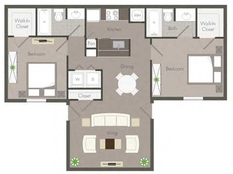 Floor plan for 2 beds, 2 baths, 930 sqft